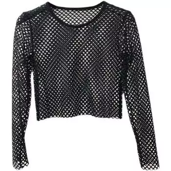 Large Mesh Short Long Sleeve Top round Neck Pullover High Waist Midriff Outfit Half-Length Fishnet Blouse Fashion Holiday Lace Shirt Black L