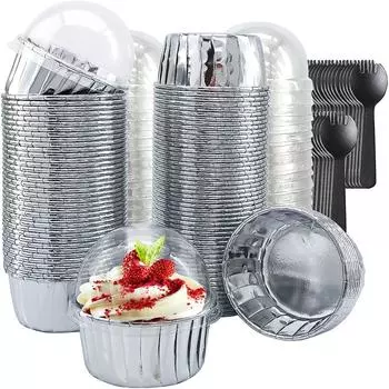 Large Muffin Cups 100 Pack, Foil Cupcake Liners With Dome Lids,Disposable Muffin Tins Cupcake Cups,Foil Ramekins Pans Cupcake Wrappers Holders,Cupcake One Size