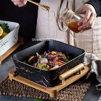 Large Nordic-style fruit bowl creative wooden square bowl household ceramic fruit square dessert bowl fruit salad