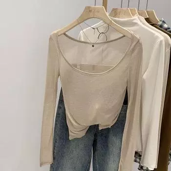 Футболка с большим круглым вырезом и длинными рукавами для женщин на лето, сексуальная, слегка прозрачная рубашка с подолом, рубашка с кондиционером, облегающий крой S