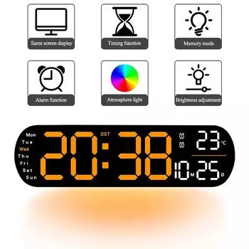 Large Screen Digital Wall Clock Time Temperature Date Week Display 10 Level Brightness Adjustment Electronic LED Alarm Clock синий