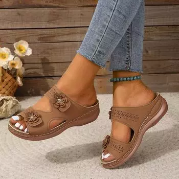 Large size 2024 summer new outer wear flower one-word solid color round head casual fashion women s flat-bottomed slippers women 36 коричневый