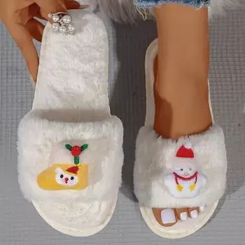 Large Size 2024 Winter Fashion Plush Slippers Christmas Open Toe Open Fur Cotton Slippers Indoor Shoes for Women Flat Sandals 36 чёрный