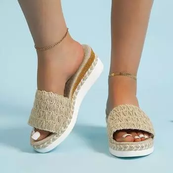Large size 2025 summer new muffin heel open-toed cool slippers solid color one-word women s shoes shoes 36 абрикосовый