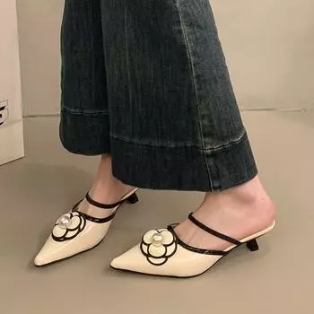 Large size 34-42 Xiaoxiangfeng high-heeled bag head half slippers fairy outer wear 2025 new temperament pointed head 34