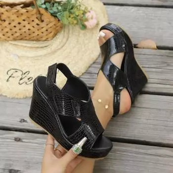 Large size 4243 waterproof table fish mouth sandals summer black side empty women s shoes wind slope heel sandals 35