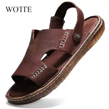 Large Size 46 Men Sandals Comfort Genuine Leather Sandals Summer Quality Beach Slippers Casual Footwear Outdoor Beach Shoes 6.5 чёрный