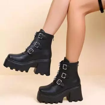 Large size autumn and winter round head short boots women s 2025 thick sole belt buckle rivet thick heel short boots 35 чёрный