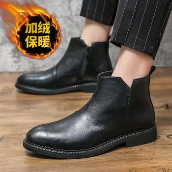 Large size autumn and winter velvet business short boots men s large size lychee pattern black foot leather boots 38