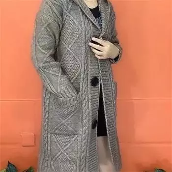 Large Size Autumn Winter Hooded Big Pocket KnittingJacket Women s Cardigan Sweater Coat Elegant Female Long Sweater XS