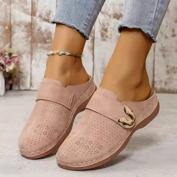 Large size bag head flat bottom casual half slippers women s 2025 new solid color wedge metal buckle beach slippers 36 чёрный