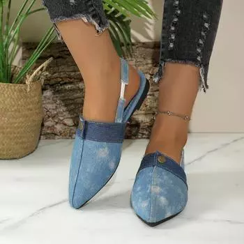 Большие размеры Baotou женские плоские сандалии с острым носком из денима 2024 Летние новые модные сандалии с ремешком сзади Zapatos De Mujer 36 синий