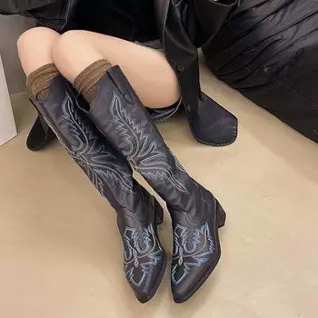 Large size boots women s 2024 new high-heeled high boots embroidered western cowboy knight boots 35 чёрный