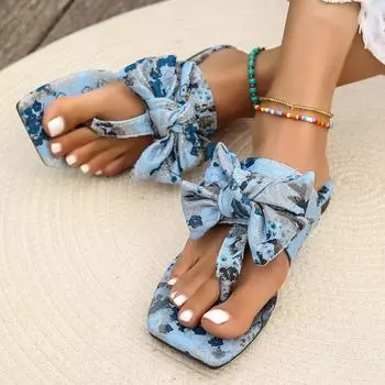 Large size bow colored toe sandals women s 2024 summer new women wear beach holiday slippers 36 небесно-голубой