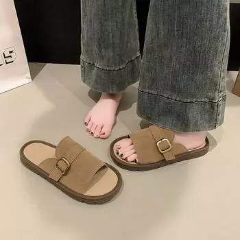 Large size cool slippers women s outer wear 2025 summer new round head fashion belt buckle casual flat slippers 35 верблюд