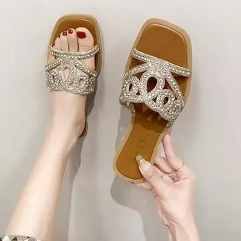 Large size Crystal women s slippers Fashion open Toe flats Women s summer casual slide Women s flip-flops 35 чёрный