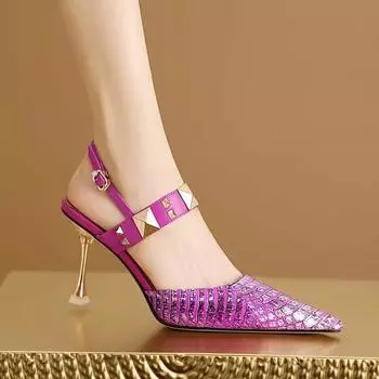 Large size empty pointed high heels 2025 spring and summer new sexy colored rivets metal thin heels bag head sandals women 34