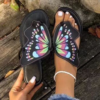 Large size European, American and foreign trade large size butterfly wings colorful flat-bottomed toe slippers women wear personalized beach coo 36 чёрный