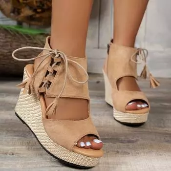 Large size European and American wedge heel sandals women s 2025 spring and summer new tassel high-heeled muffin thick-soled fish mouth sandals 36