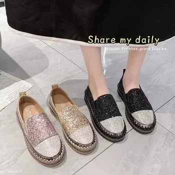 Large size fashion temperament casual single shoes women s 2024 new retro French rhinestone thick sole one pedal lazy shoes tide 35 чёрный