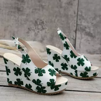 Large size fish mouth printed wedge heel sandals women s 2024 summer new European and American one-word buckle high heels women 36 синий