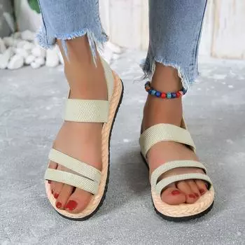Сандалии большого размера на плоской подошве для женской верхней одежды, лето 2024, новая подошва из конопли, имитация соломы, плетеные одним словом, удобные сандалии на плоской подошве с широкими полосками 35