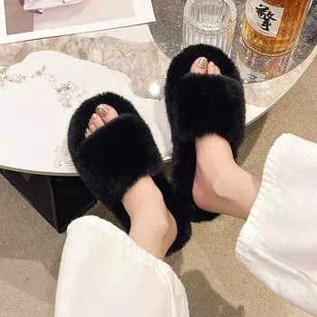 Large size fluffy slippers spring and autumn high-end winter wear versatile lazy flat bottom plush one-word home cotton slippers 35 синий