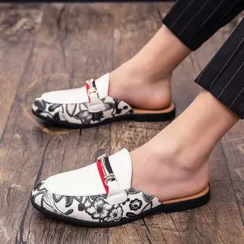 Large size half drag beanie shoes men s 2025 summer sandals newly opened fashion printed fringed British casual shoes 37 чёрный