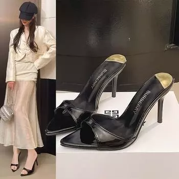 Large size high heel solid color sexy fashion slippers women pointed open toe fish mouth thin heel cool slippers 35 серебряный