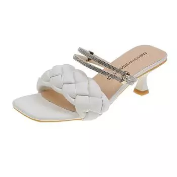 Large size high-heeled sandals fairy style French sandals two wear one-word slippers female summer 2025 new outer wear rhinestone high 35