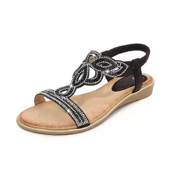 Large size hollow flat rhinestone sandals bohemian comfortable women s shoes summer 5151-3 36 чёрный