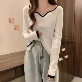 Large size knitted sweater women s autumn new contrasting color long-sleeved T-shirt square neck bottoming shirt with thin top S белый
