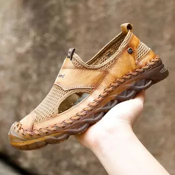 Large size leather soft surface ultra-light handmade beef tendon sole beach wear versatile men s sandals 38 чёрный