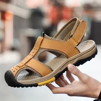 Large size men s first layer of cowhide handmade bag head anti-collision outer wear beach sandals can be 38 чёрный
