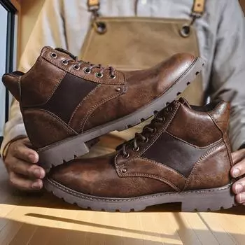 Large size men s leather boots autumn and winter fashion trendy men s medium top short boots beautiful size tooling boots high top British Martin boot 39 коричневый