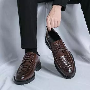 Large size men s leather shoes 2025 spring and autumn new business casual British cowhide lace-up wedding dress men s shoes 37 чёрный