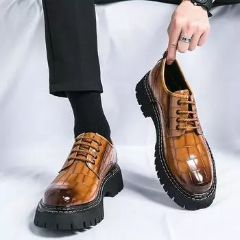 Large size men s low-top big head leather shoes 2025 spring and autumn new men s thick-soled height-increasing nightclub trendy leather shoes 38 чёрный