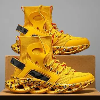 Large size men s shoes Internet celebrity super fire high-top casual fly-woven socks sports shoes men s blade shock absorption running tide shoes 39 чёрный