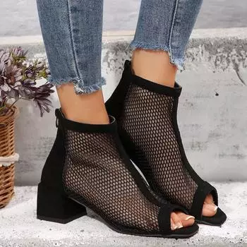 Large size mesh high-heeled mesh boots for women s outer wear 2025 spring new European and American fashion casual short boots 36