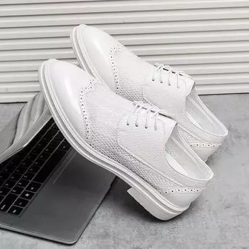 Large size new men s hollow mesh casual leather shoes British style pointed leather shoes low-top lace-up small black shoes 38 белый