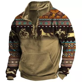 Large Size New Popular Men s Retro Western Print Stand Collar Sports Casual Sweatshirt M