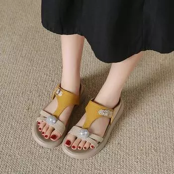 Large size one-word hollow sandals summer new casual fashion rhinestone one-pedal flat-bottomed soft-soled cool slippers 35 жёлтый