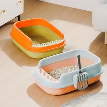 Large Size Pet Litter Box Semi Enclosed Cat Potty Anti-splash Cat Toilet Tray Indoor Orange&Green-With Pedal