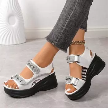 Large size platform sports sandals women s 2025 summer new Velcro rhinestone casual dad high heel sandals 35