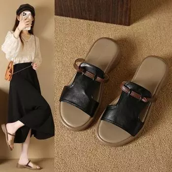 Large size retro outer wear flat slippers, new one-character simple sandals, fashionable side empty cool slippers 35