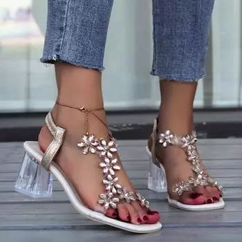 Large size rhinestone butterfly sandals female 2025 new square head crystal thick heel fairy style transparent high heels 35