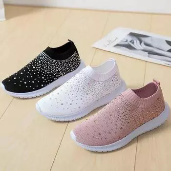 Large Size Rhinestone Elastic Socks Shoes Casual Women s Flying Woven Breathable Lightweight Casual Thick-soled Shoes 35 чёрный