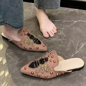 Large size rivet bag head half slippers women s rhinestone pointed solid color flat shoes women wear lazy muller shoes cool slippers 35 чёрный