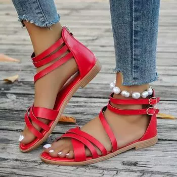 Large size sandals 2024 summer new cross strap flat bottom comfortable simple sandals women 35 чёрный