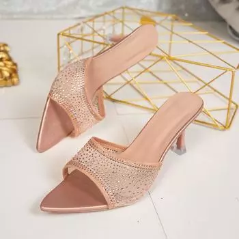 Large size sandals women s European, American and foreign trade new thin heel pointed one-word yarn rhinestone high heel cool slippers women 35 хаки